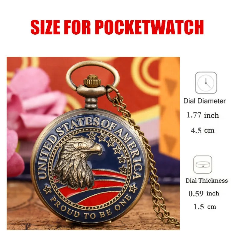 Vintage United States Eagle Pattern Chain Pendant Quartz Pocket Watch Best Collectible Souvenir Gift for Male Men KIds Relógio