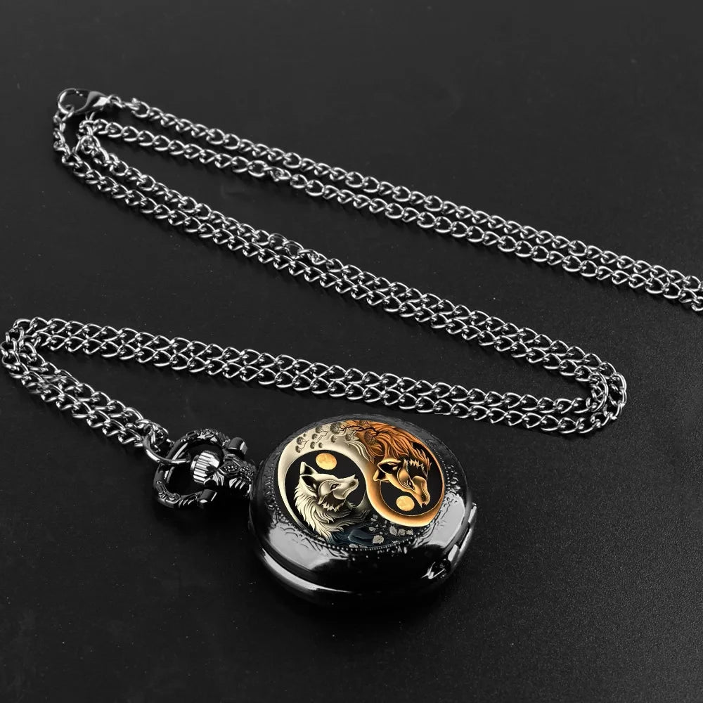 Creative YinYang Wolf Animal Pattern Design Mini Pocket Watch with Necklace Pendant World-Time Feature,  Gift For Women Men Kids