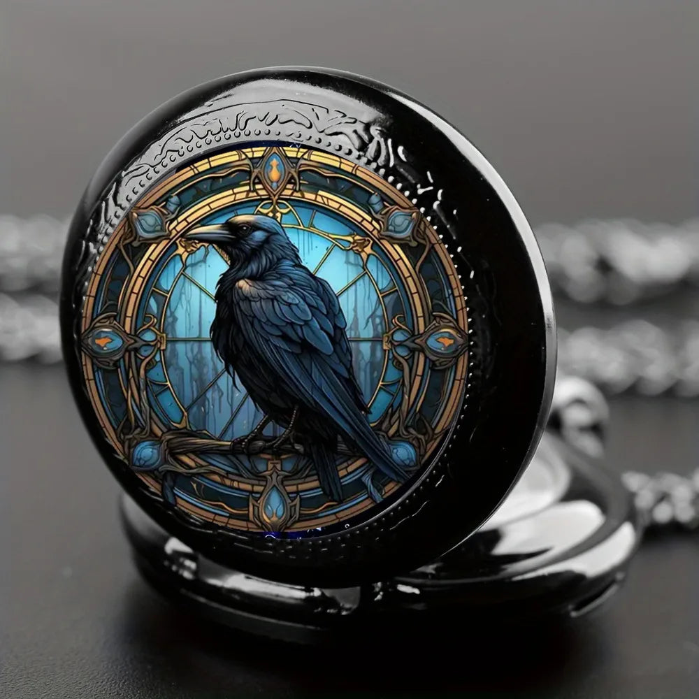 New Vintage-Style Clever Crow Exquisite Pocket Watch Quartz, Round Dial, Unique Black Necklace Souvenir Gift -Eagle Animal Clock