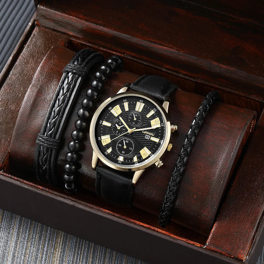New 4Pcs Set Men Watches Luxury Fashion Leather Band Quartz Wristwatch With Bracelet Gift Clock Male Montre Relogio Masculino