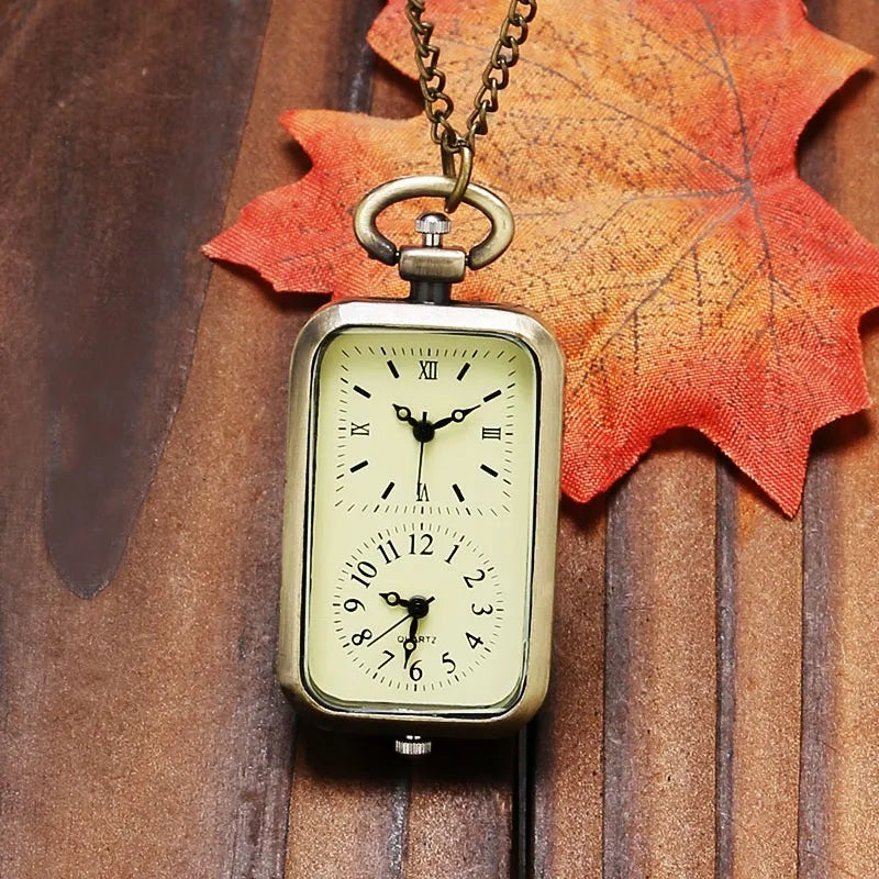 Retro Bronze Square Dual Time Zone MiniDesign Quartz Pocket Watch with Necklace Chain Leisure Pendant Gift Men's Clock