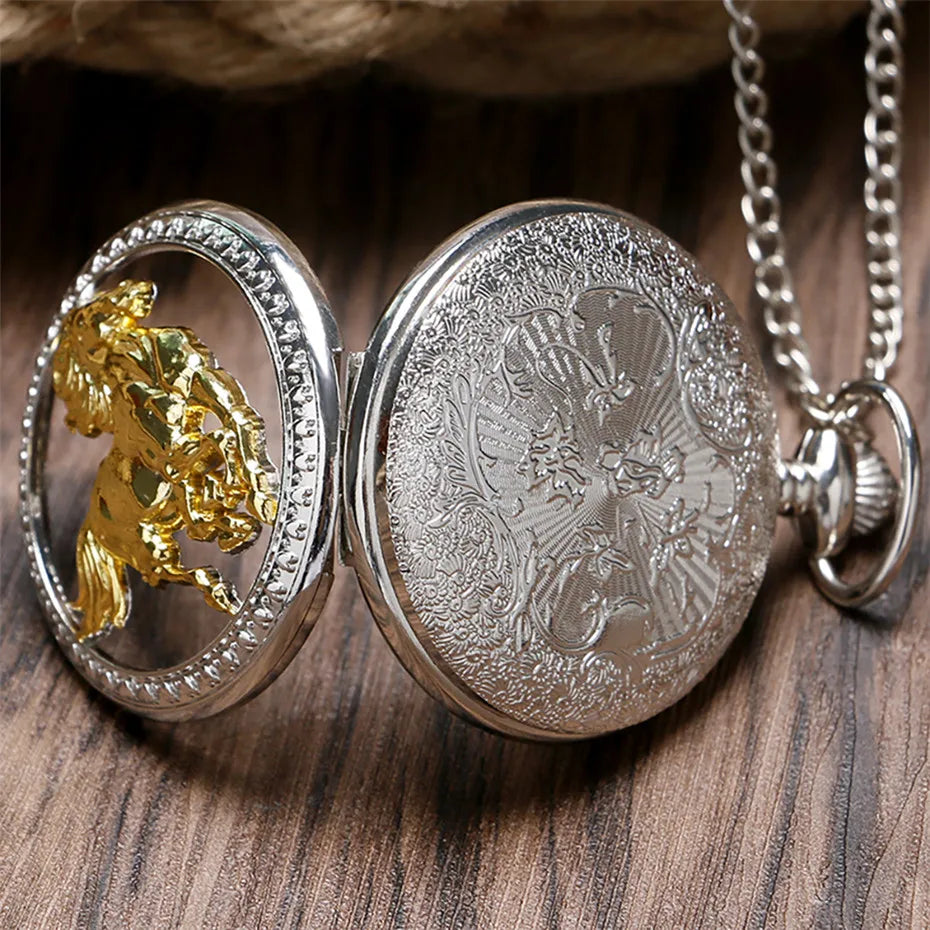 Hollow Exquisite Running Golden Horse Quartz Pocket Watch With Necklace Chain Gift for Male Women Chronograph Hombre Relojes