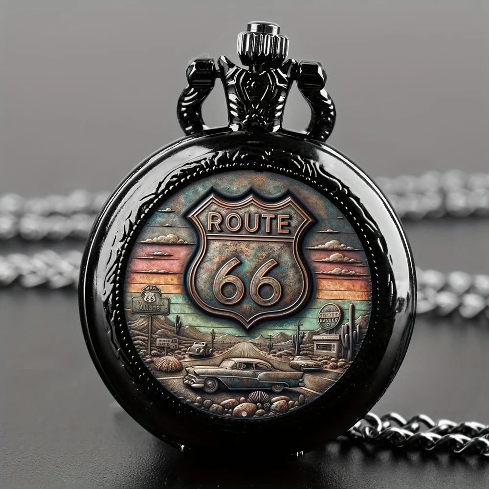 The Mother Road Route 66 Pocket Watch Cool Black Motorbike Clock Elegant Exquisite Pendant With Necklace Chain Relogio Best Gift