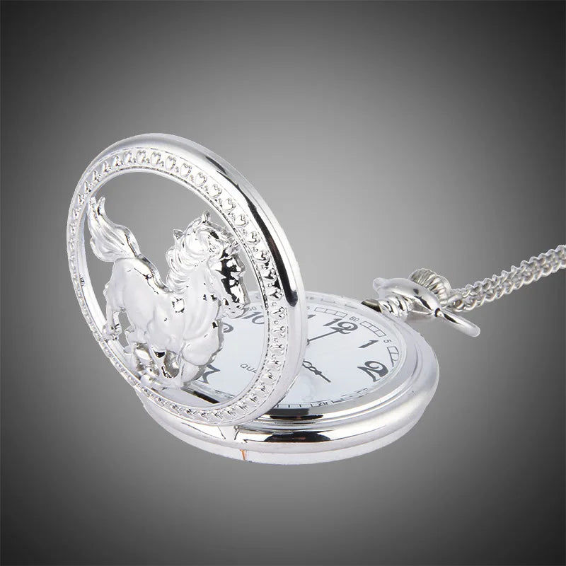 Animal Horse Pocket Watch Mens Male Silver Hollow Elegant Pocketwatch With Chain Masculino Relogio Vintage Dad's Gift Clock