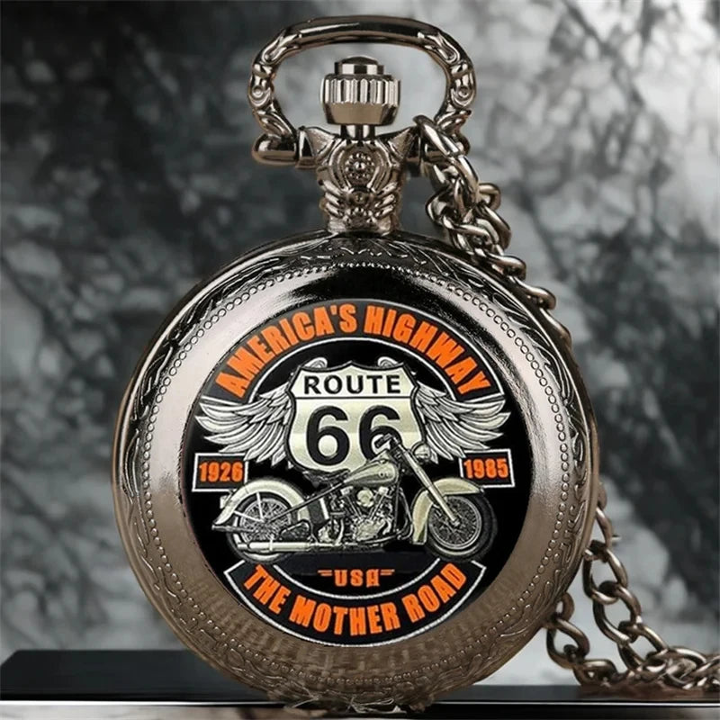 Vintage Classic Route 66 American Highway Pocket Watch Design with Dual-Tone Black Colors, Precise Quartz Movement  Watch Gift