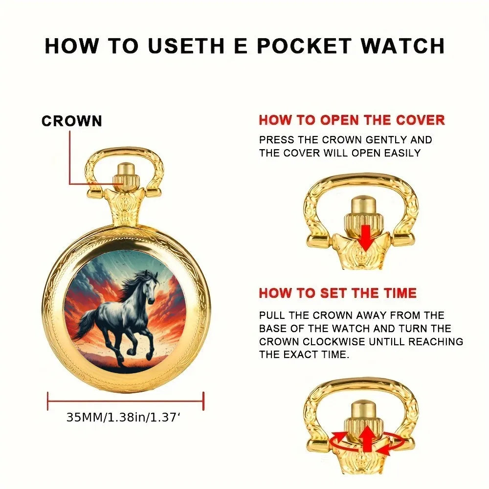 Vintage Golden Running Horse Animal Quartz Pocket Watch With Necklace Chain Watch Best Gift For Women Men and Kids