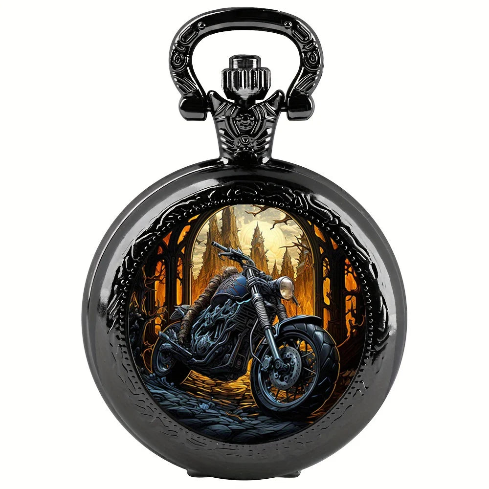 Vintage Black Motorbike Pocket Watch Cool Elegant Exquisite Clock With Necklace Chain Retro Motor Masculino Relogio Best Gift