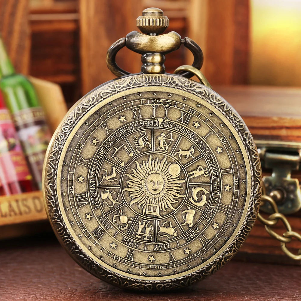 Vintage Pocket Watch Bronze Quartz Zodiac Signs Watches with Chain The SUN Male's Kid Retro Clock Exquisite Fashion Relogios