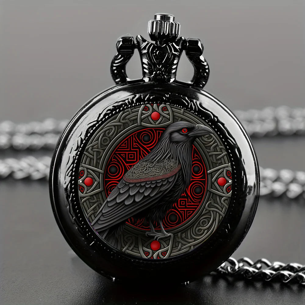 New Vintage-Style Clever Crow Exquisite Pocket Watch Quartz, Round Dial, Unique Black Necklace Souvenir Gift -Eagle Animal Clock