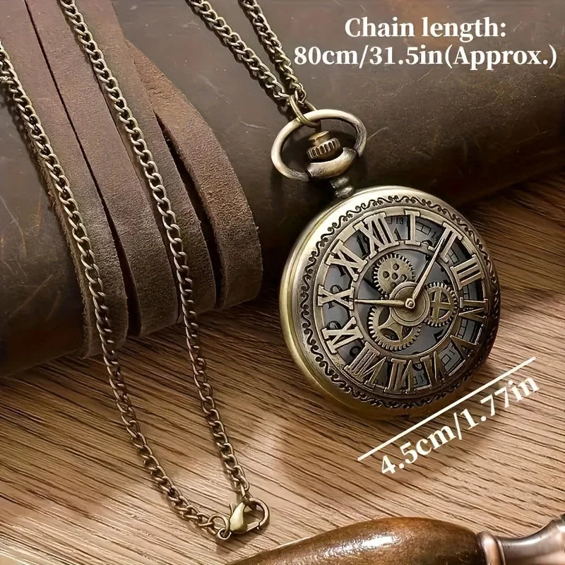 Retro Pocket Watch Hollow Gearwheel Vintage Exquisite Bronze Quartz Watches With Necklace Chain Best Souvenir Gift Clock Relojes