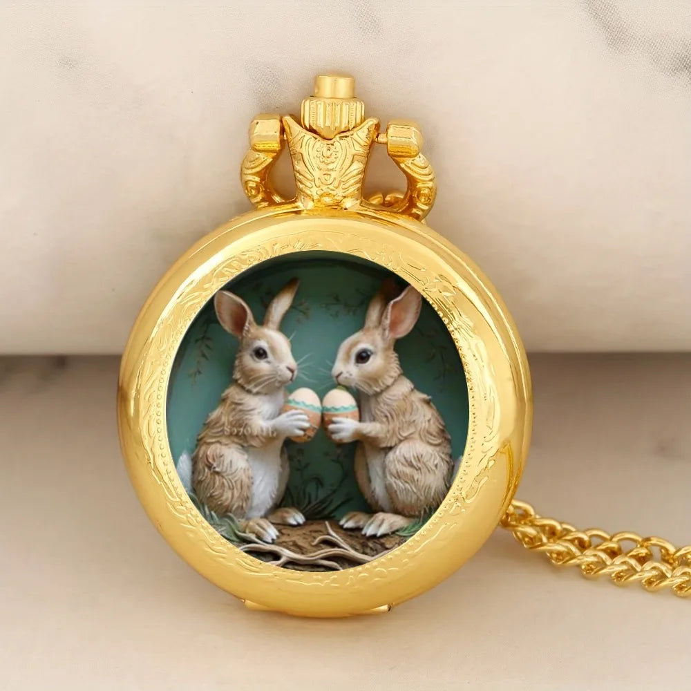 Exquisite Gold Cute Rabbit Pattern Mini Quartz Pocket Watch,With Necklace Pendant, Ideal Easter Gift For Men & Women and Kids