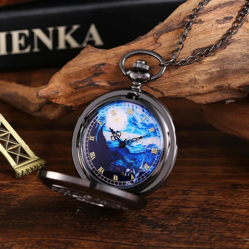 Vintage Black Starry Sky Blue Roman Numerals Dial Pocket Watch Gift Pendant Clock For Mlae Kids Relogio Saati
