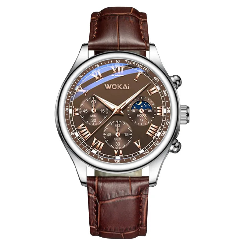 Wokai Brand Leisure Business Male Watch Quartz Sports Casual Leather Men's Elegant Masculino Relogio Clock Fashion Relojes