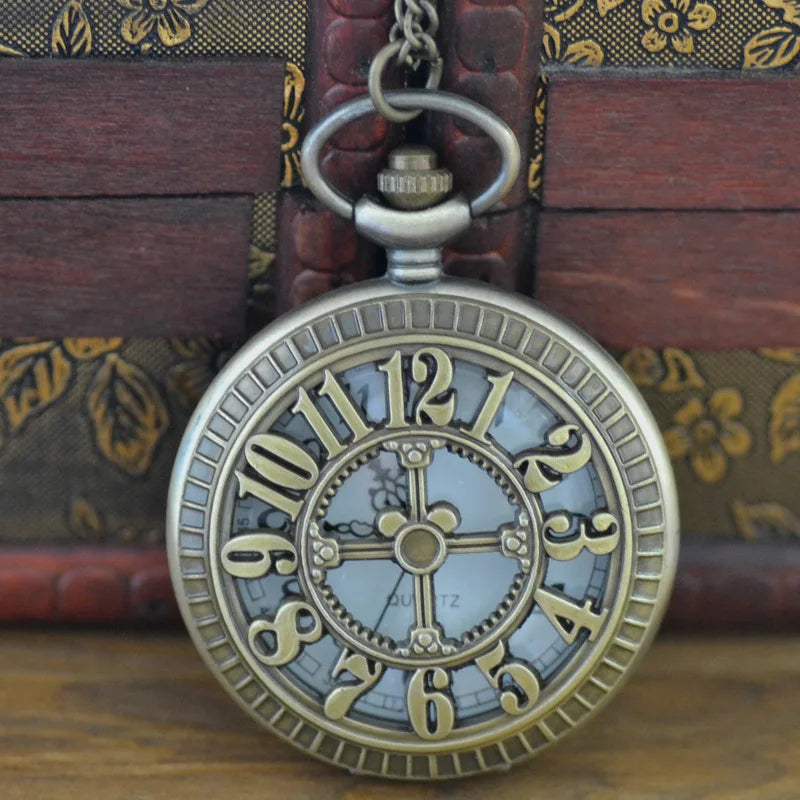 Hollow Retro Lucky Turntable Shape Digital Quartz Pocket Watch Men Fans Souvenir Gifts with 80cm Neck Chain Gift Watch