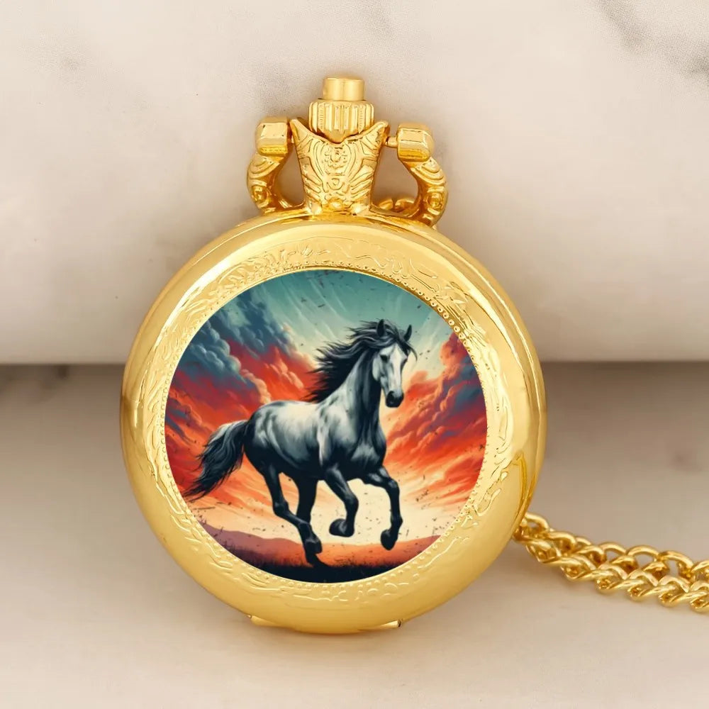 Vintage Golden Running Horse Animal Quartz Pocket Watch With Necklace Chain Watch Best Gift For Women Men and Kids