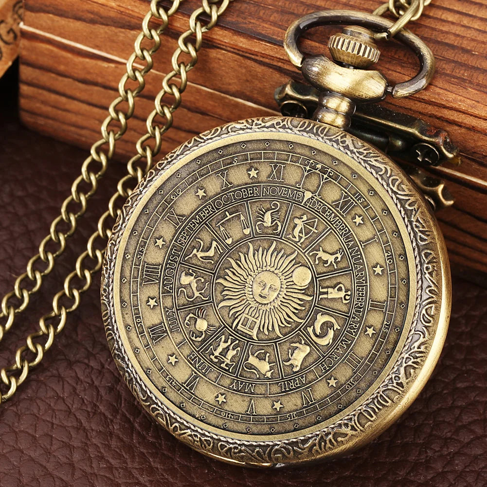 Vintage Pocket Watch Bronze Quartz Zodiac Signs Watches with Chain The SUN Male's Kid Retro Clock Exquisite Fashion Relogios