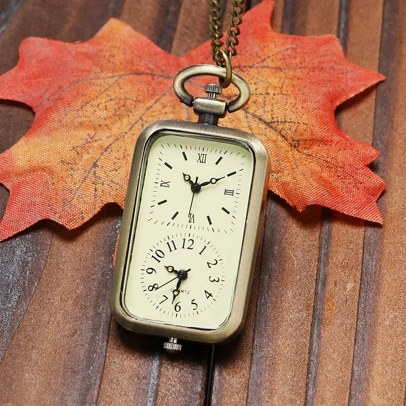 Retro Bronze Square Dual Time Zone MiniDesign Quartz Pocket Watch with Necklace Chain Leisure Pendant Gift Men's Clock