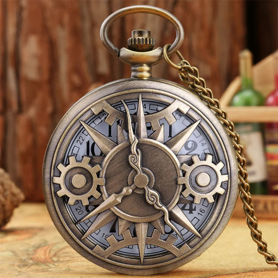 Vintage Hollow Gearwheel Pocket Watch Exquisite Bronze Quartz Retro Watches Necklace Chain Pendant Men Best Gift Clock Relojes