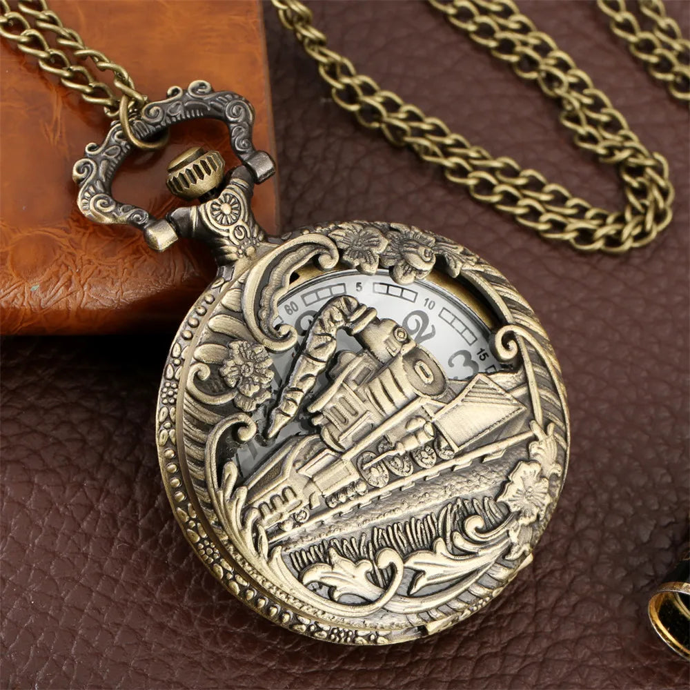 Classic Vintage Steampunk Train Quartz Pocket Watch with Necklace Chain Fashion Bronze Best Gift for Male Men Kids Clock