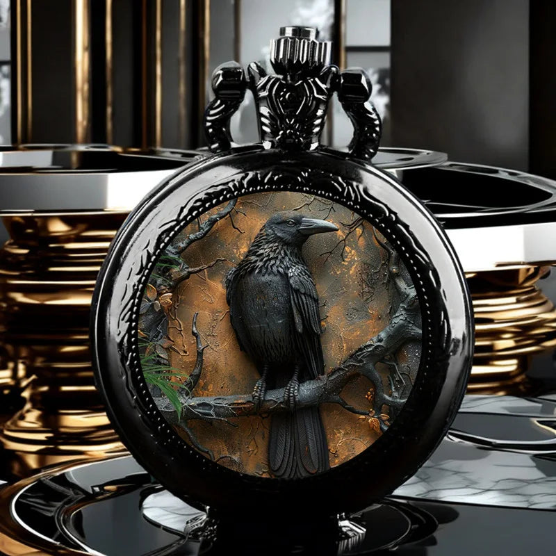 New Vintage-Style Clever Crow Exquisite Pocket Watch Quartz, Round Dial, Unique Black Necklace Souvenir Gift -Eagle Animal Clock