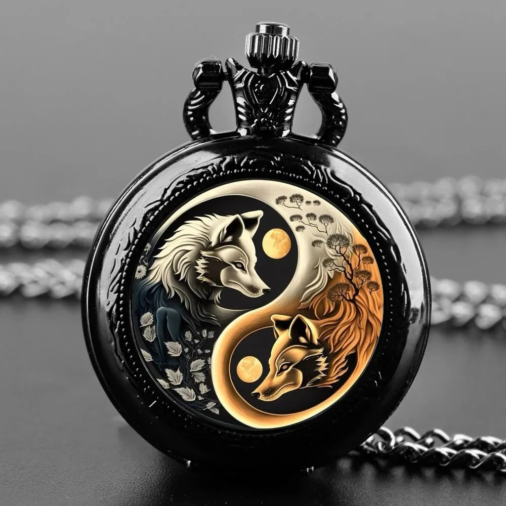 Creative YinYang Wolf Animal Pattern Design Mini Pocket Watch with Necklace Pendant World-Time Feature,  Gift For Women Men Kids