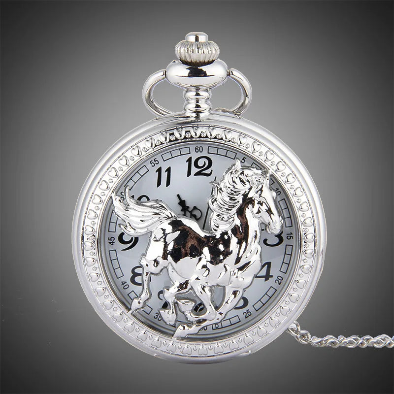 Animal Horse Pocket Watch Mens Male Silver Hollow Elegant Pocketwatch With Chain Masculino Relogio Vintage Dad's Gift Clock