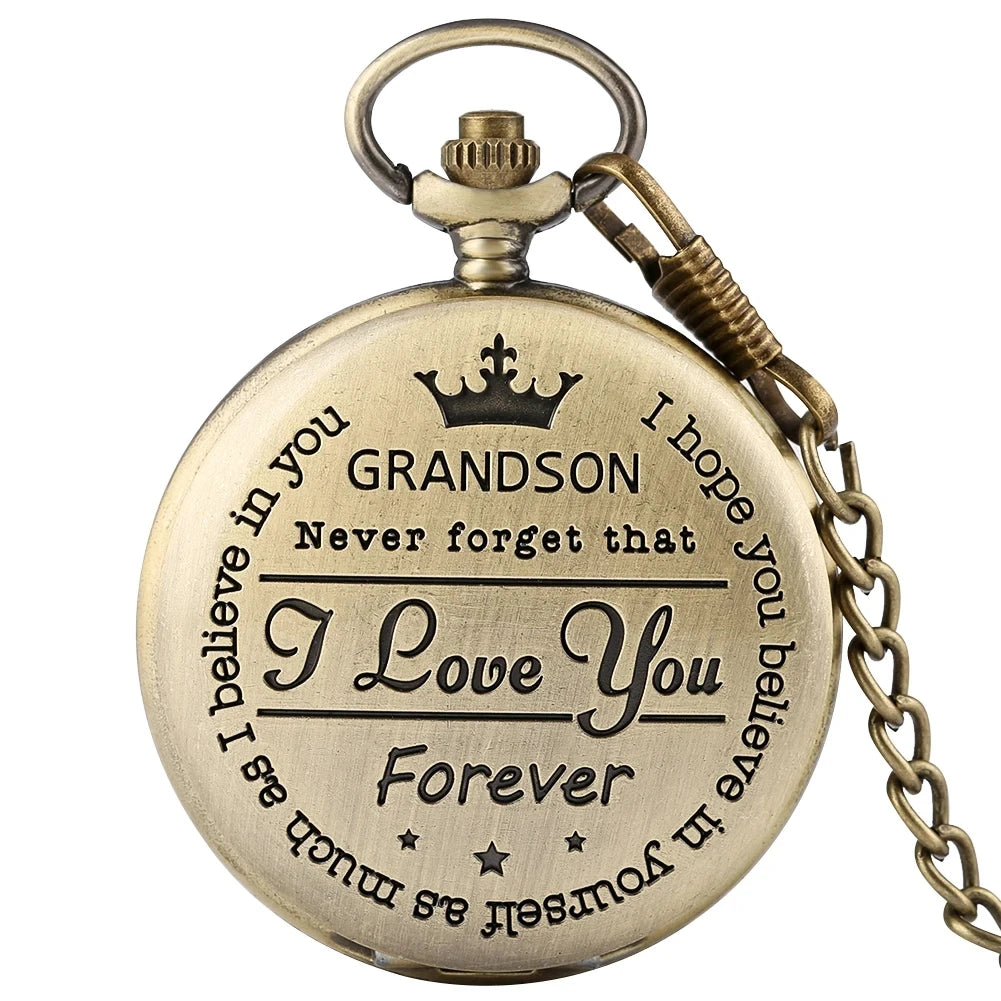 TO MY GRANDSON Gift Vintage Pocket Watch Fashion Quartz Pocket Watch with Chain Love You Forever Men's Clock Exquisite Relojes