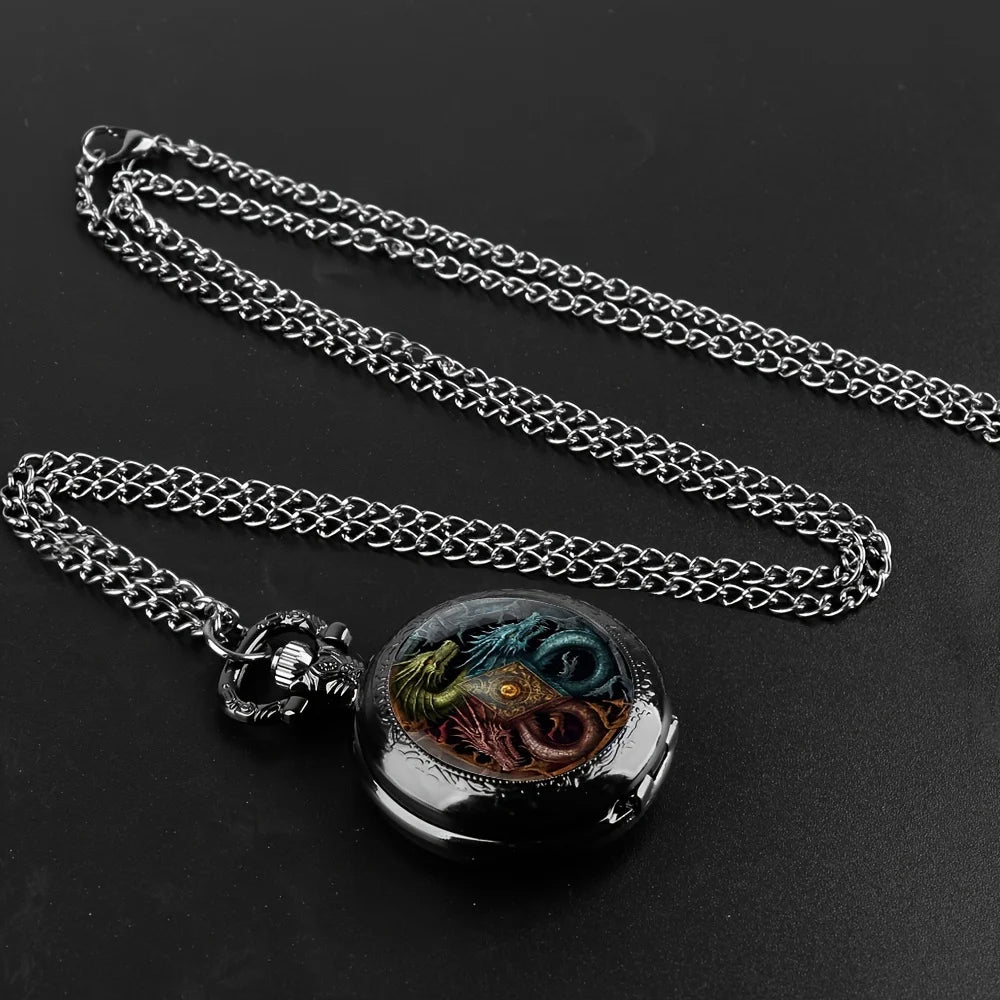 1Pcs Vintage Black Animal Dragon-Themed Necklace Pendant with a Small Quartz Pocket Watch Clock Gift For Male and Kids