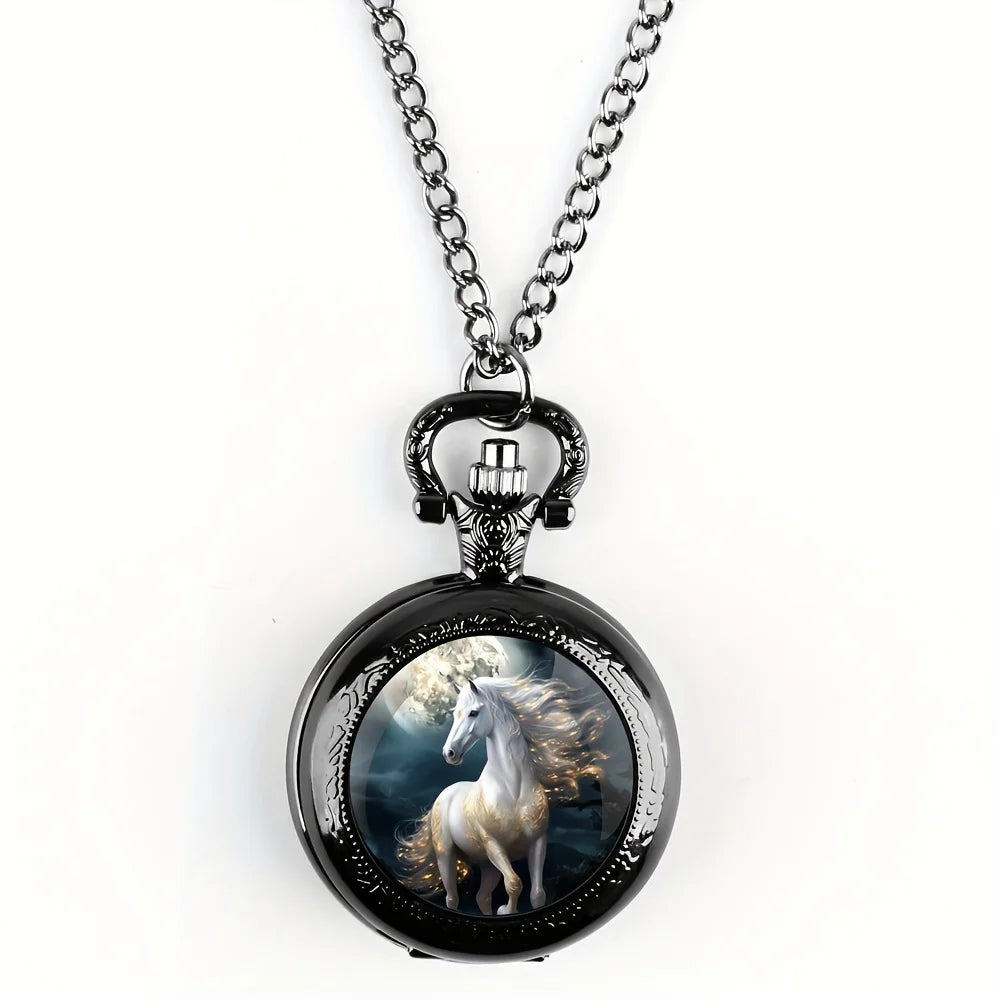 Retro Unique Silvery Horse Animal Design Necklace Pendant Quartz Pocket Watch, Cool Exquisite Accessory for Men Women and Kids