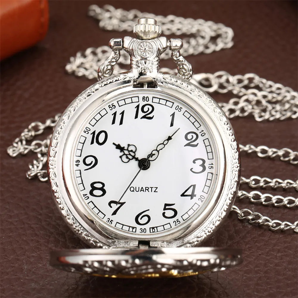 Vintage Silver Train Carved Hollow Steampunk Quartz Pocket Watch Men Women Charming Necklace Pendant Clock Elegant Relojes Gifts
