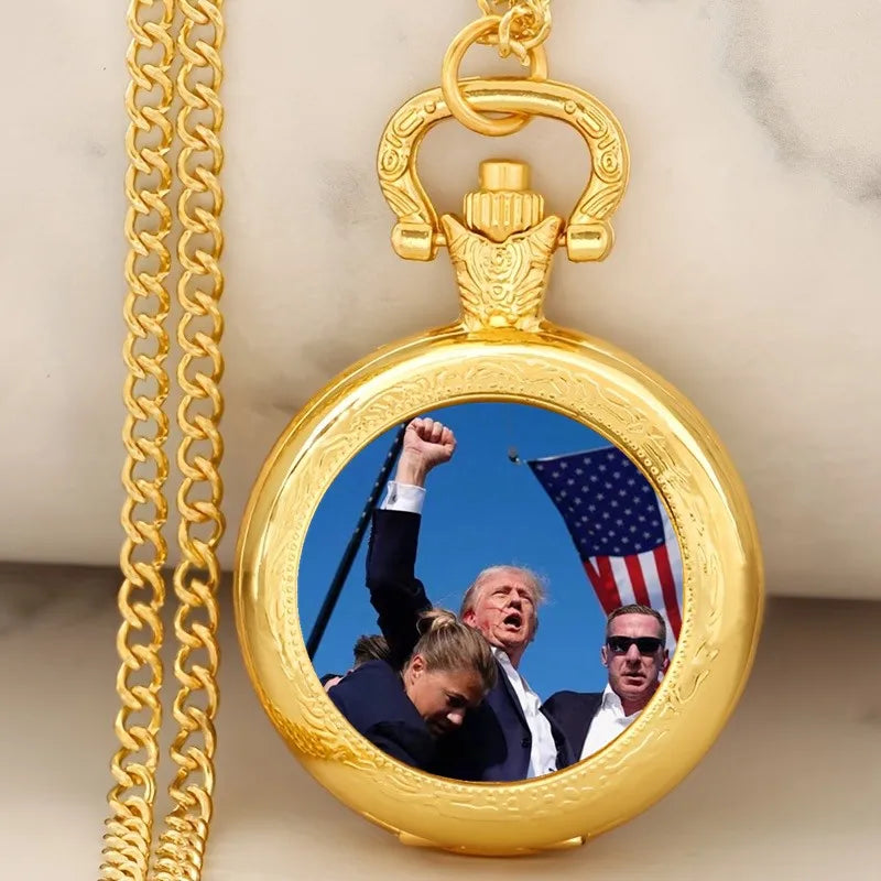 Vintage Trump 2024 Election Memorial Pocket Watch Quartz Clock President Assassinated, Big Event, Unique Souvenir Necklace Gift