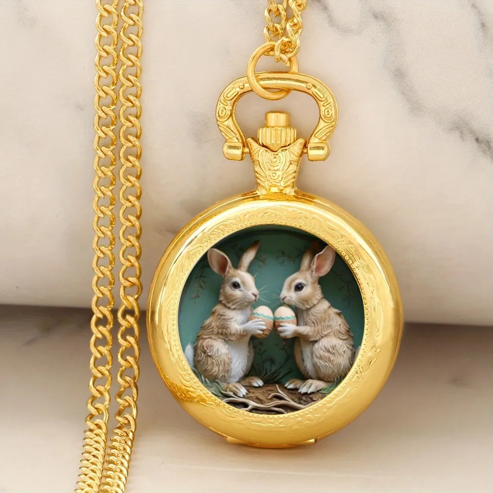 Exquisite Gold Cute Rabbit Pattern Mini Quartz Pocket Watch,With Necklace Pendant, Ideal Easter Gift For Men & Women and Kids
