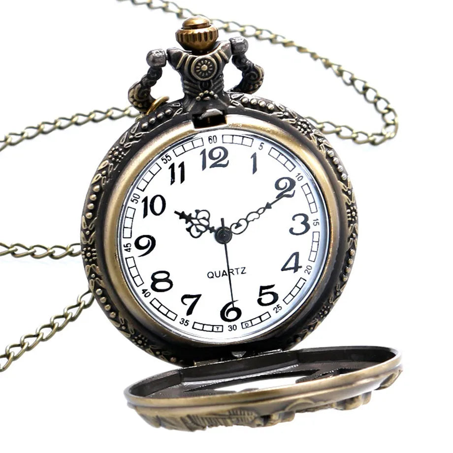 Retro Vintage Bronze Dog Wolf Hollow Quartz Fob Pocket Watch with Necklace Chain Cool Pendant Clock Gift for Male Men
