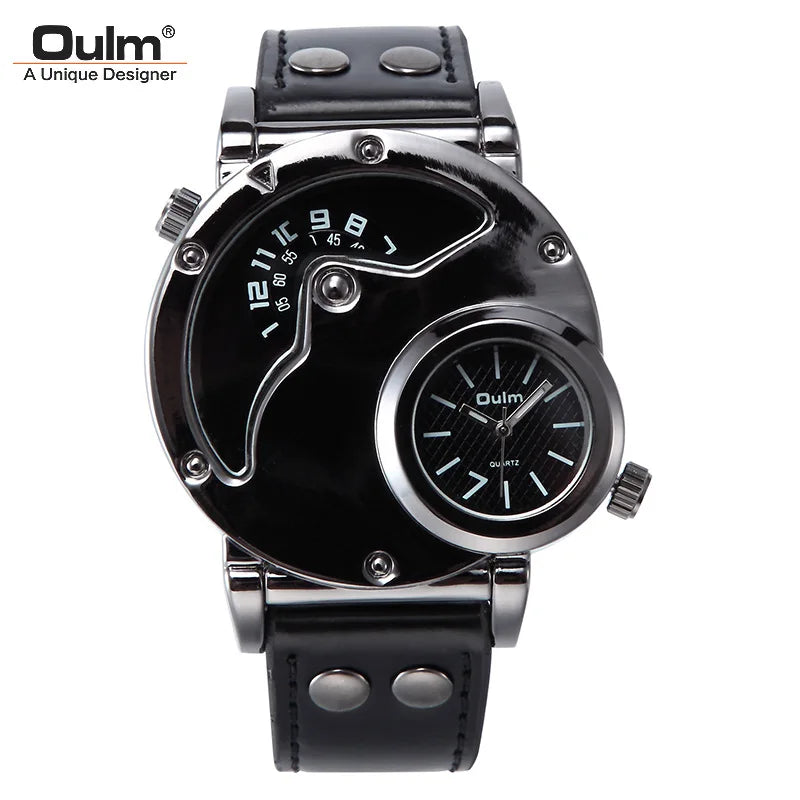Brand Oulm Watch Double Movement Men Quartz Relojes Sports Leather Strap Male Relogio Military Wristwatch Casual Gift Clock