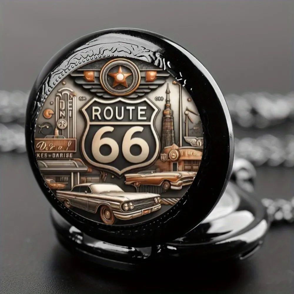 Vintage Route 66 Pattern Pocket Watch,Men's Fashion Quartz Necklace Pendant, World Time Display, Round Dial, Electronic Movement