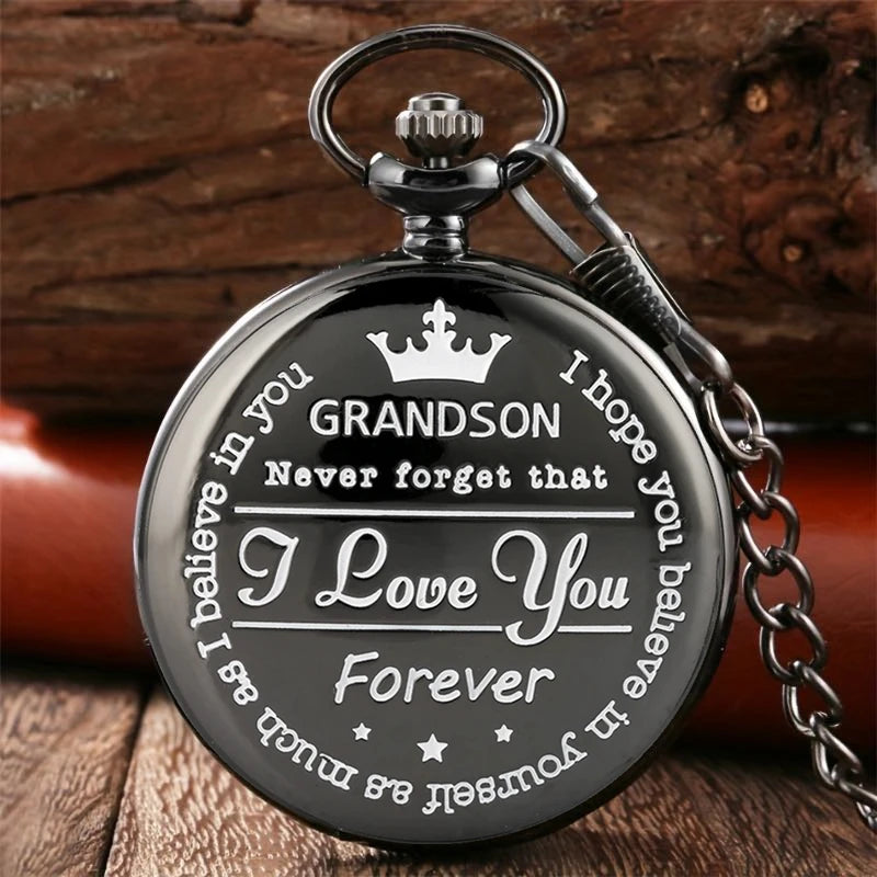TO MY GRANDSON Gift Vintage Pocket Watch Fashion Quartz Pocket Watch with Chain Love You Forever Men's Clock Exquisite Relojes
