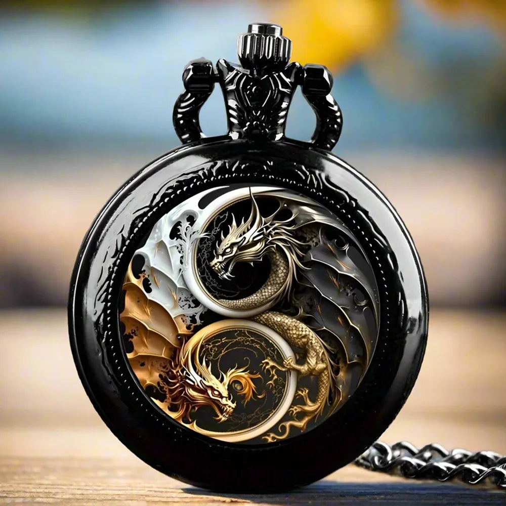 Vintage Cool Pocket Watch Two Dragon Moon Elegant Exquisite Clock With Necklace Chain Lovers Masculino Relogio Best Gift