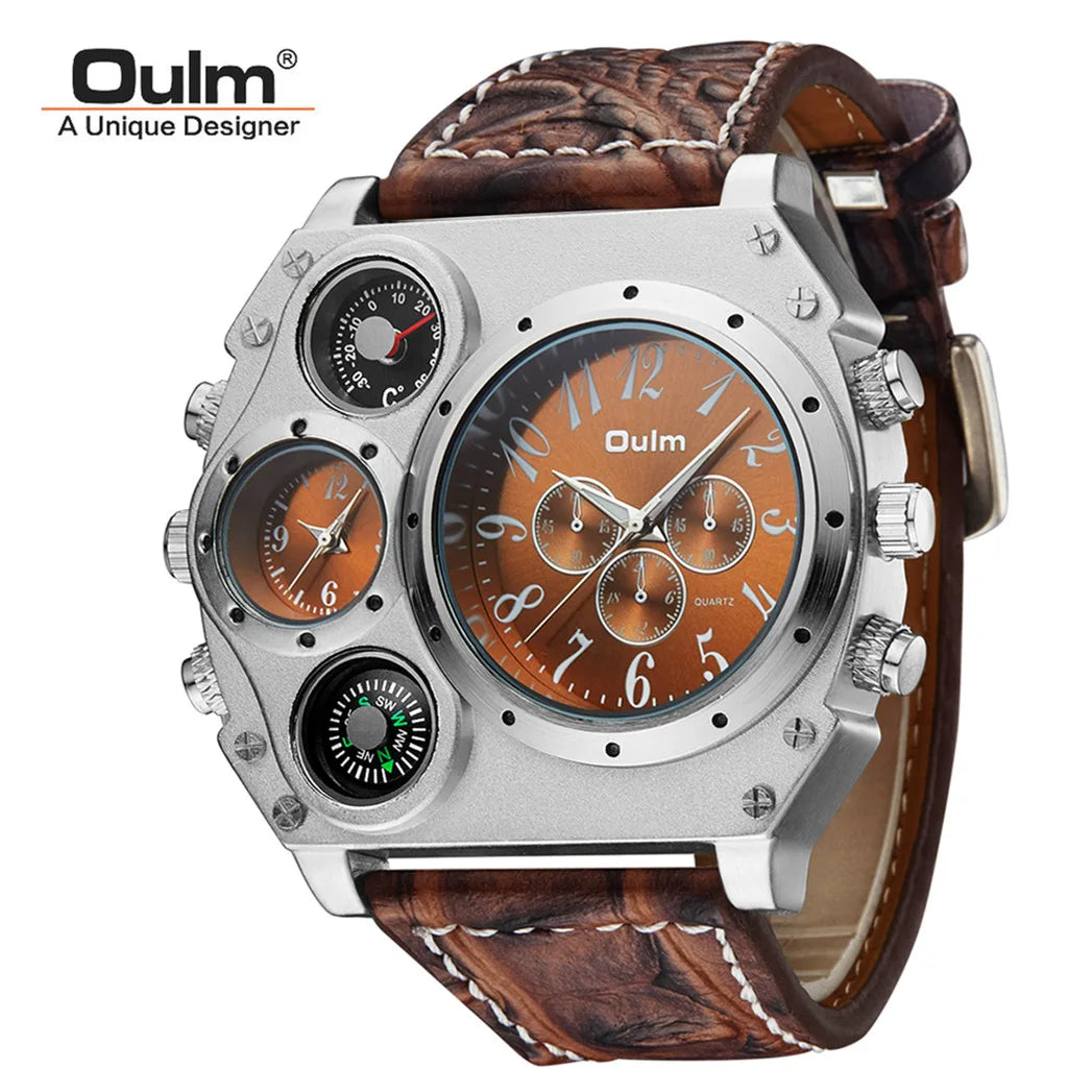 Brand OULM Watch Men Quartz Sports Leather Strap Male Military Wristwatch Clock Compass Calendar Thermometer
