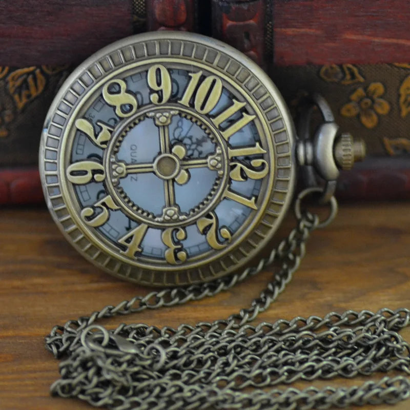 Hollow Retro Lucky Turntable Shape Digital Quartz Pocket Watch Men Fans Souvenir Gifts with 80cm Neck Chain Gift Watch