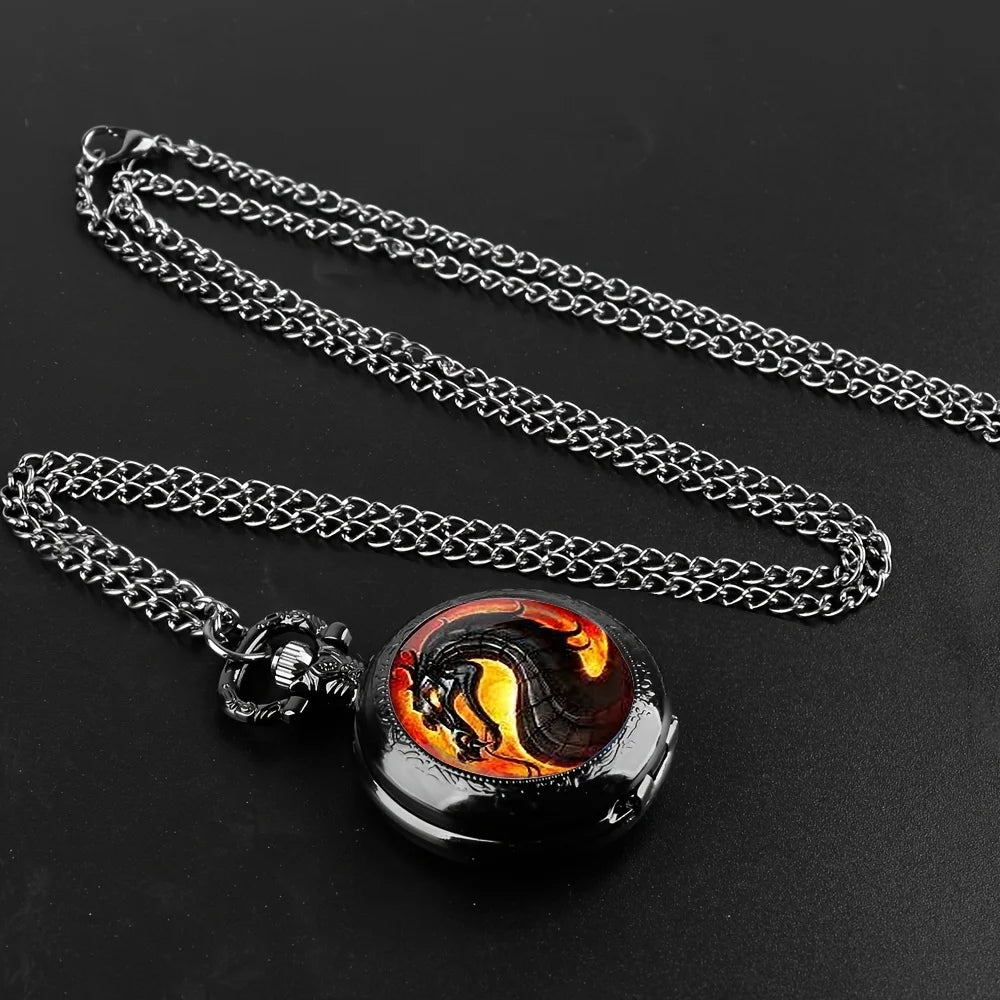 Creative Retro Black Dragon Animal Necklace Pendant Quartz Pocket Watch Gift Pendant Clock For Mlae Teens Kids Relogio Saati