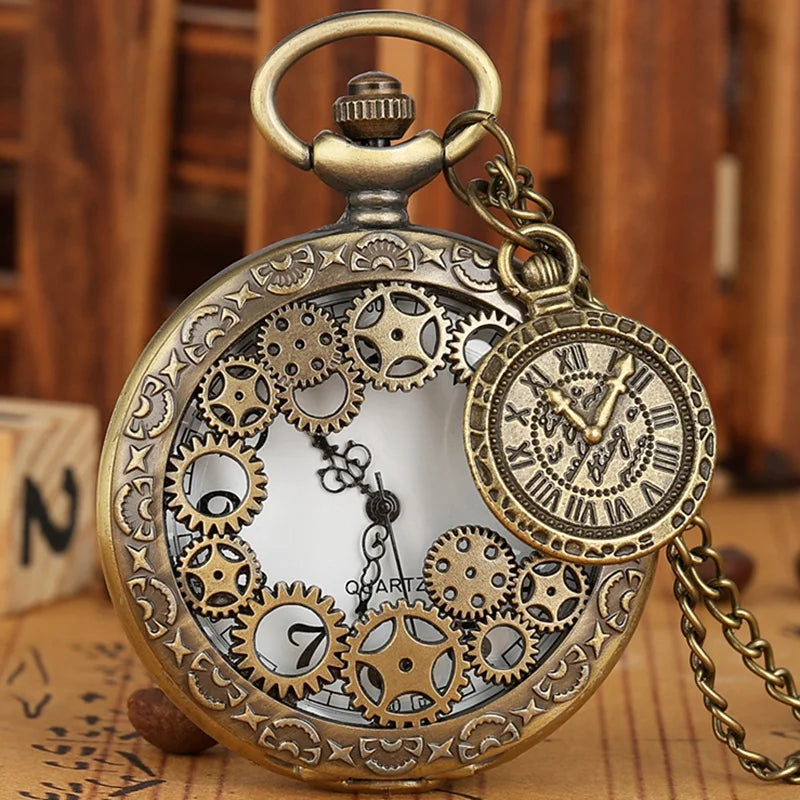 Necklace With Pendant Vintage Pocket Watch Hollow Styles Gearwheel Bronze Quartz Watches Casual Clock Best Souvenir Gift Relojes