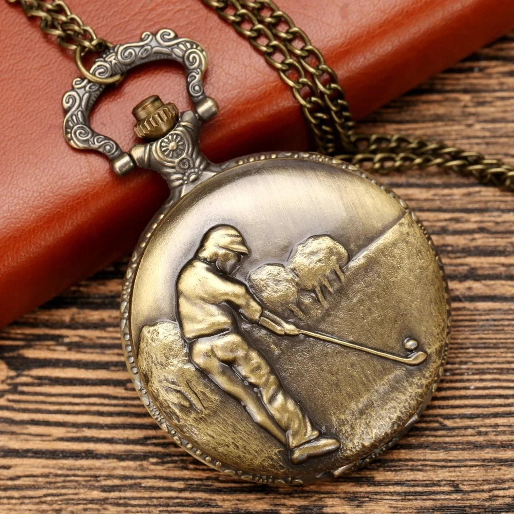 Vintage Charm Bronze Golf Man Quartz Necklace Pocket Watch  Arabic Numerals Display Pendant Pocket Clock Collections Gifts
