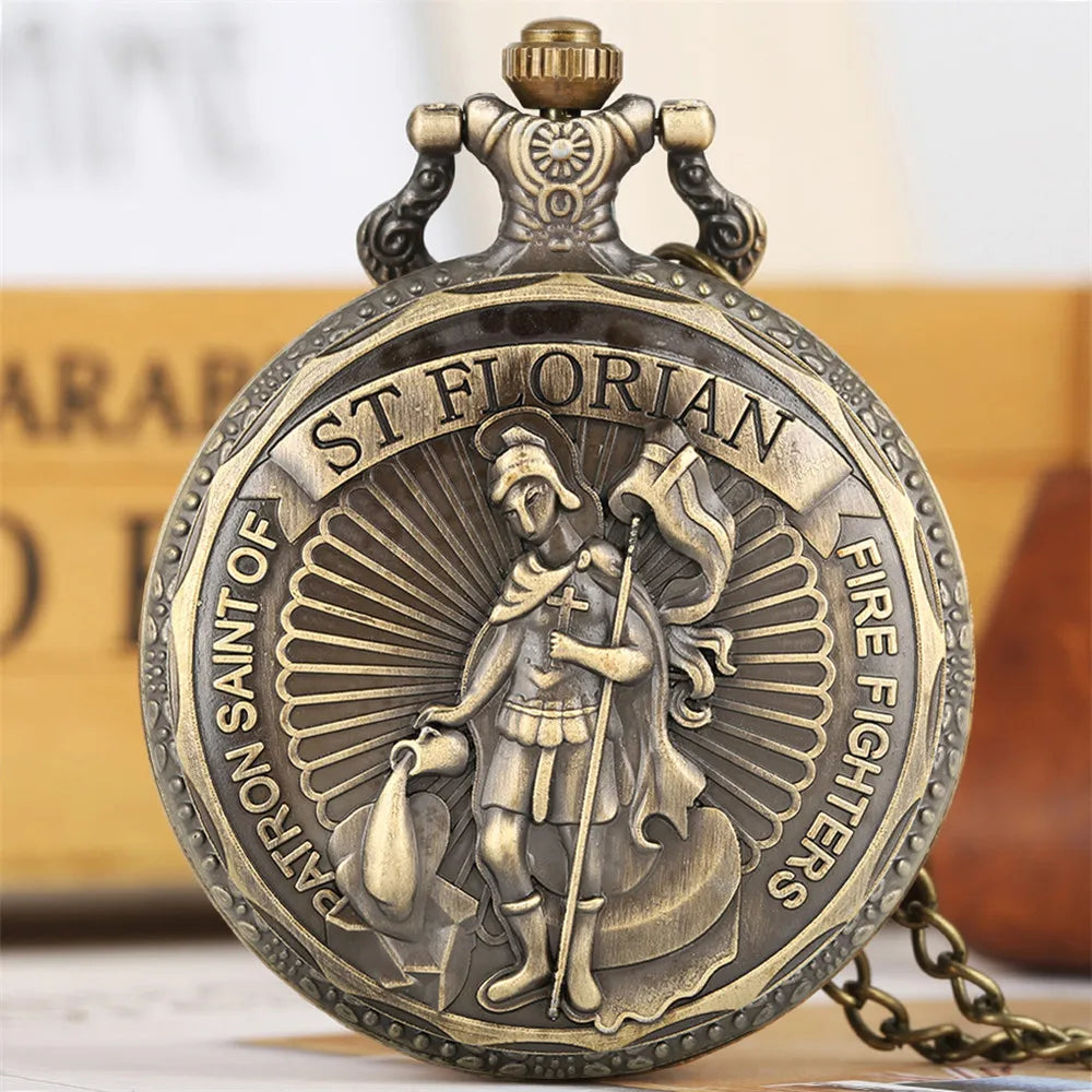 Vintage Bronze Bronze Exquisite Fire Fighter Display Quartz Pocket Watch Chain Embossed Design Necklace Pendant Souvenir Clock