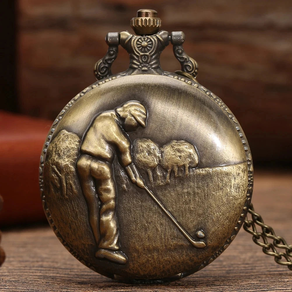 Vintage Charm Bronze Golf Man Quartz Necklace Pocket Watch  Arabic Numerals Display Pendant Pocket Clock Collections Gifts