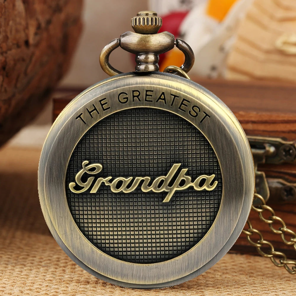 Vintage Bronze Greatest Grandpa Pocket Watch New Quartz Movement Gift Pendant Clock Necklace for Mlae Kids Relogio Saati