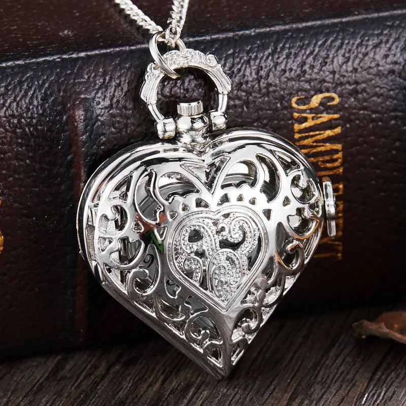 Elegant Romantic Silver Heart Shape Design Necklace Pendant Exquisite Quartz Pocket Watch Gift Fashion Clock For Female Ladies