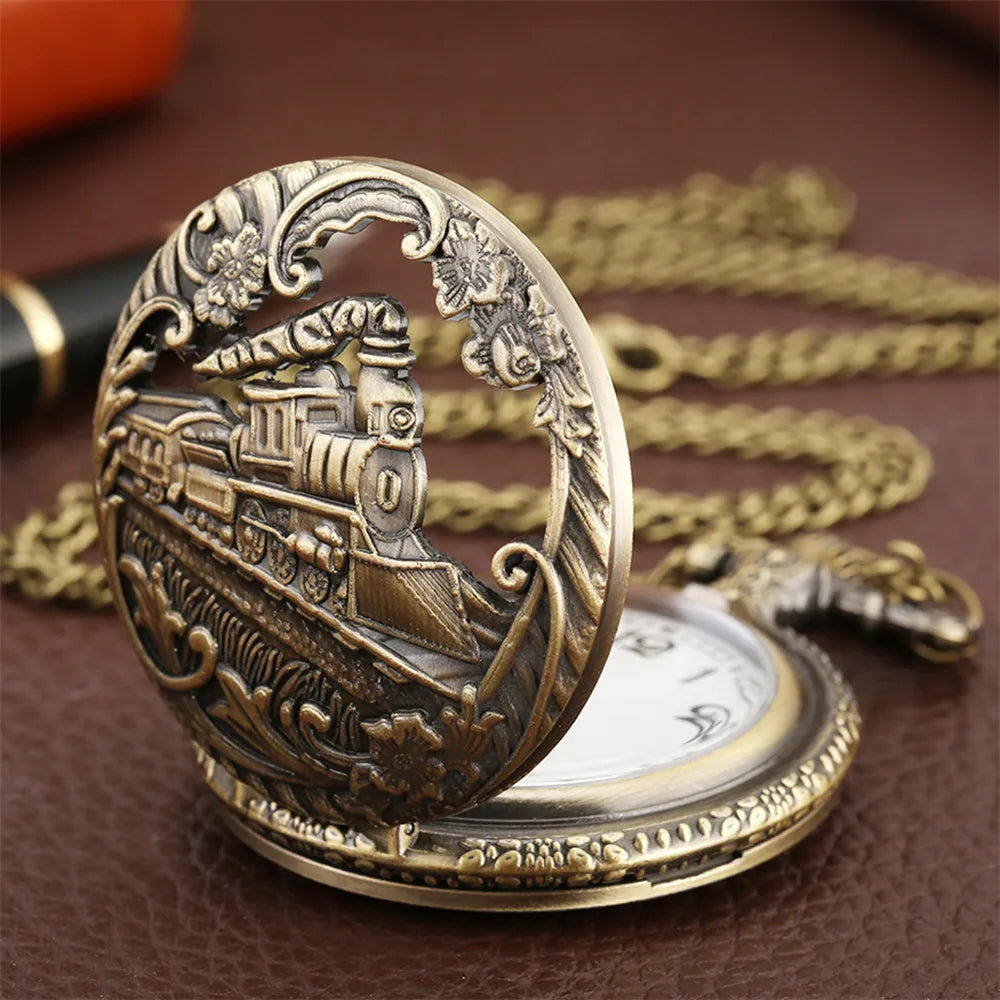 Classic Vintage Steampunk Train Quartz Pocket Watch with Necklace Chain Fashion Bronze Best Gift for Male Men Kids Clock