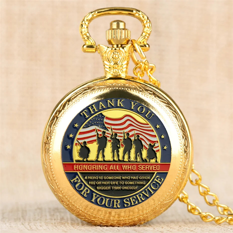 Thank You For your service Memorial Pocket Watch - Quartz, Luxury Gold Color Clock, Vintage Unique Necklace Souvenir Gifts