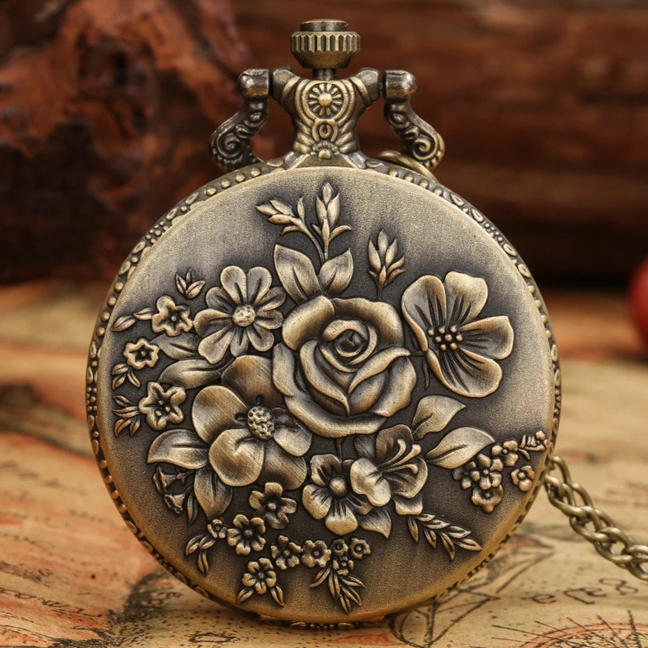 3D Rose Flower Pocket Watch  Punk Bronze Quartz Vintage Pocket Watches with Necklace Chain Valentine's Day Souvenirs Gift Clock