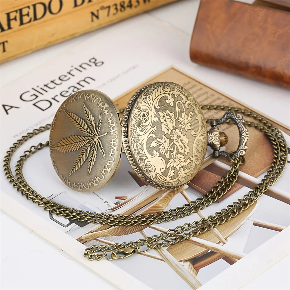 Retro Vintage Bronze Punk Leaf Design Pocket Watch With Necklace Chain Pendant Gift for Male Men Vintage Clock